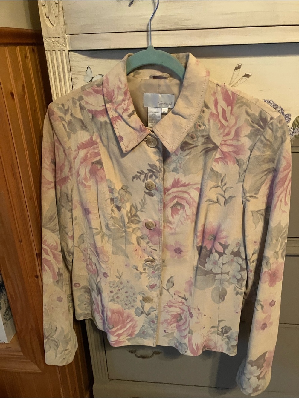 Spiegel Pastel Floral Leather Jacket in Cream, Pink, Gray